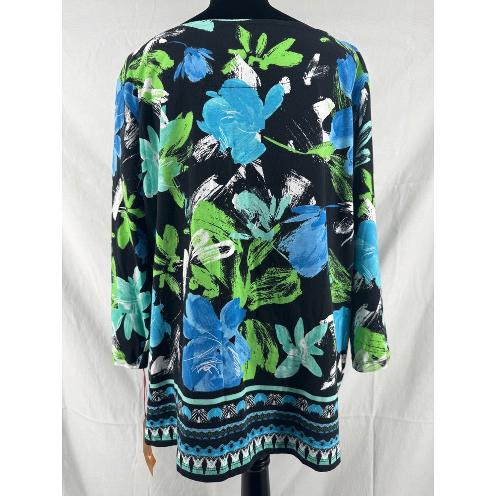 Ruby Rd Woman 2X Floral Knit Top Blue‎ Green Beaded Neck 3/4 Sleeve 95657 NEW - Picture 2 of 7
